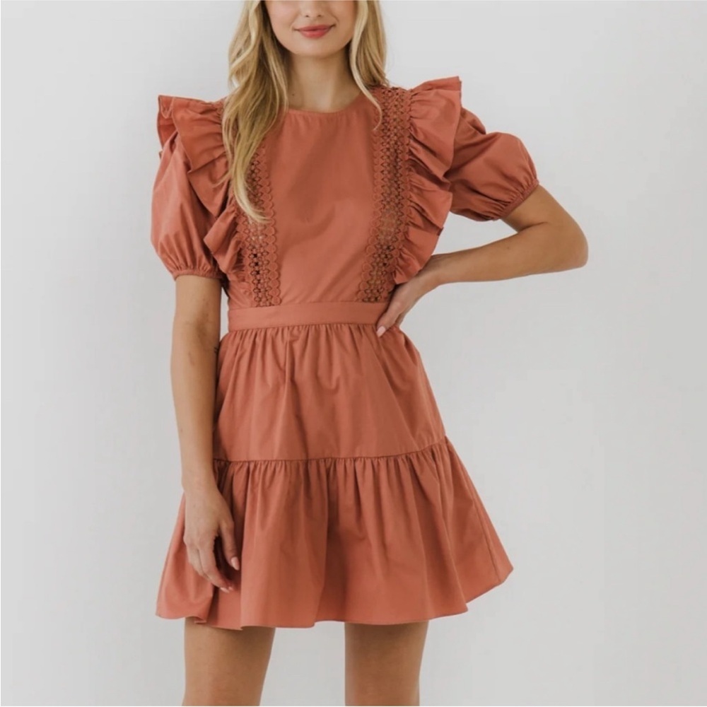 English Factory Ruffled Puff Sleeve Mini Dress in Terracota